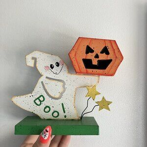 Vintage Halloween Boo Ghost Pumpkin Tea Light Candle Holder Metal Art Decor